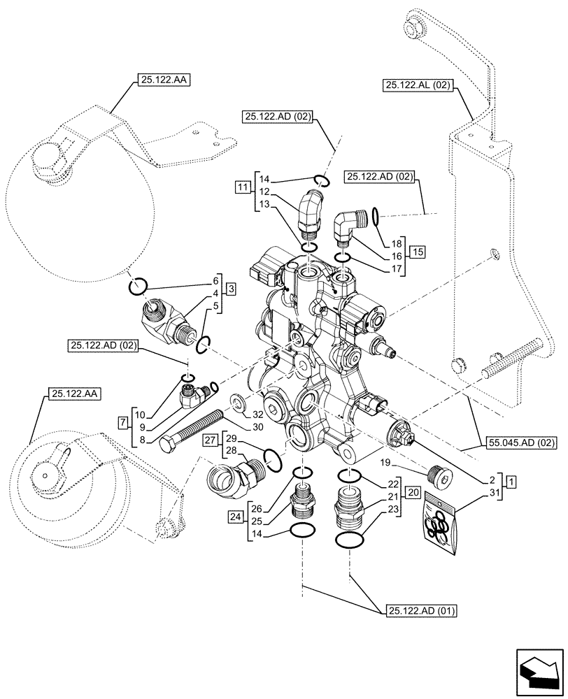 Схема запчастей Case IH MAXXUM 135 - (25.122.AL[01]) - VAR - 758422, 758423, 758427, 758428 - FRONT AXLE, SUSPENDED, CONTROL VALVE (25) - FRONT AXLE SYSTEM