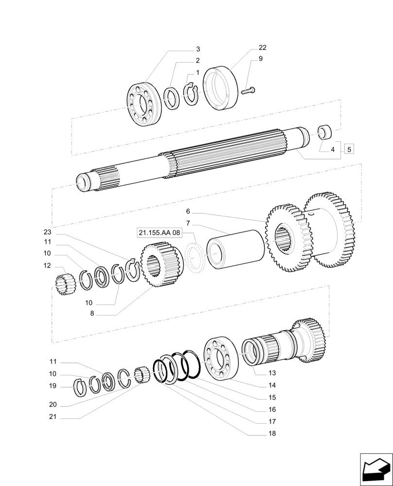 Схема запчастей Case IH PUMA 215 - (21.155.AA[04]) - SPEED GEARS AND CLUTCHES - TOP DRIVING SHAFT AND GEARS (21) - TRANSMISSION