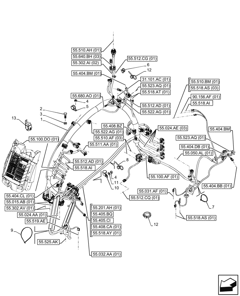 Схема запчастей Case IH MAXXUM 135 - (55.510.AF[01]) - VAR - 391223, 396247, 758442, 758538, 758539, 758549 - CAB MAIN WIRE HARNESS (55) - ELECTRICAL SYSTEMS
