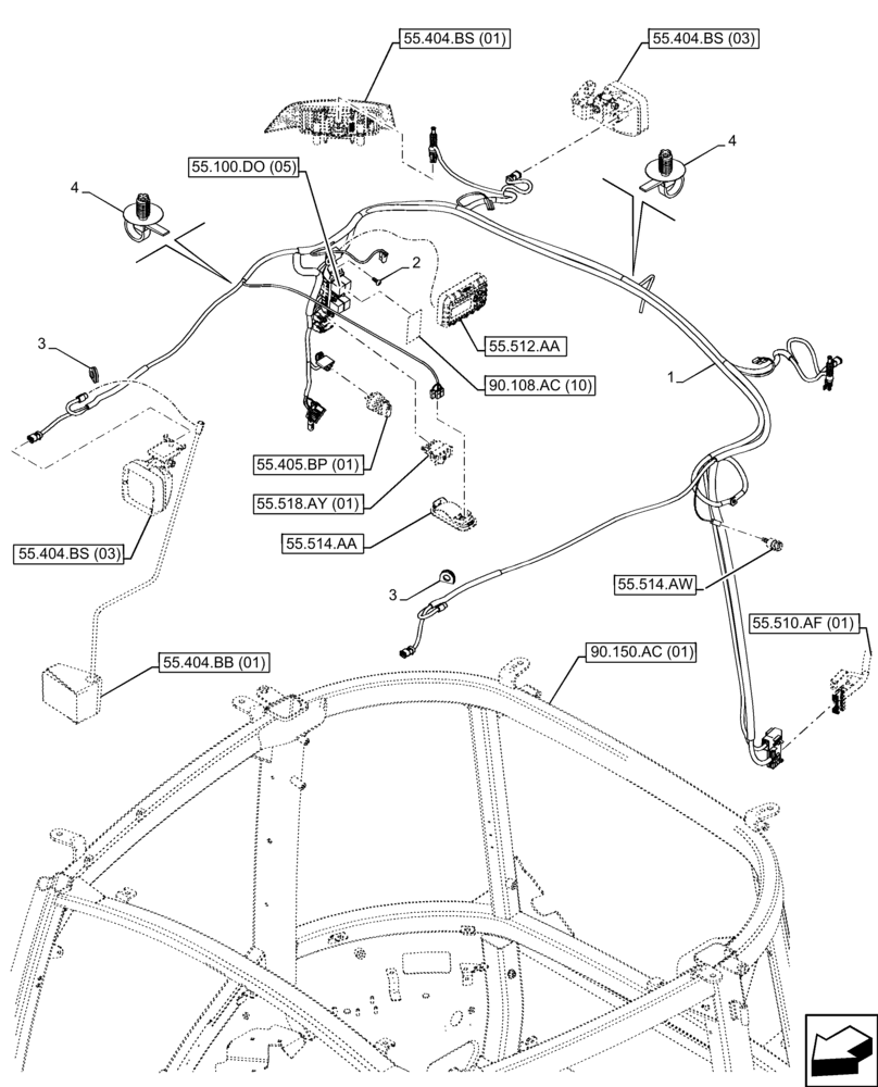 Схема запчастей Case IH FARMALL 110C - (55.510.AH) - CAB ROOF, WIRE HARNESS (55) - ELECTRICAL SYSTEMS