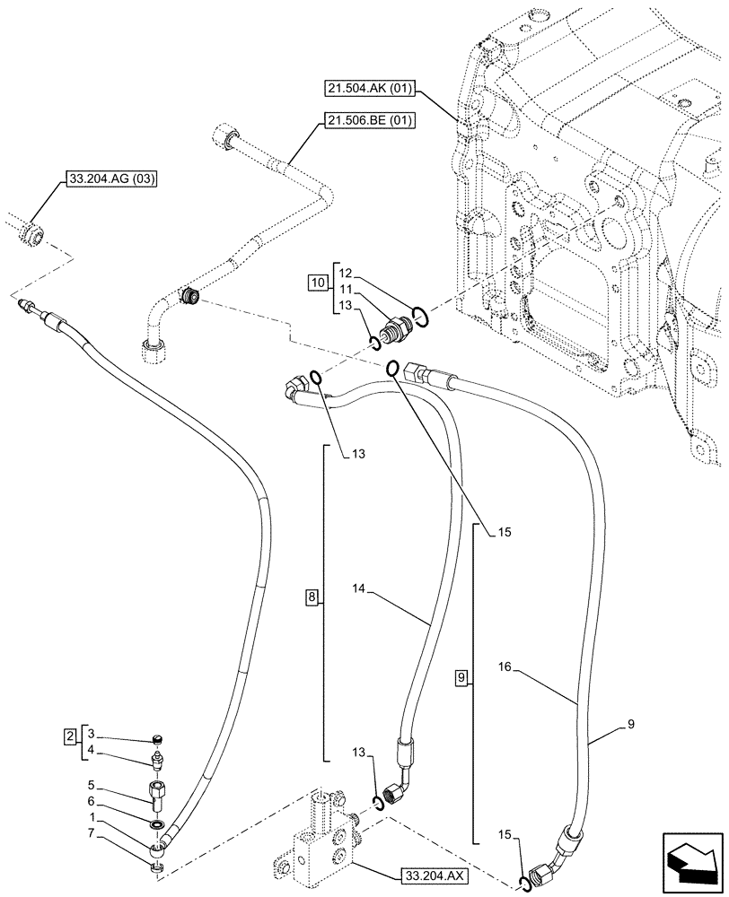 Схема запчастей Case IH MAXXUM 135 - (33.204.AG[01]) - VAR - 758423, 758428 - FRONT, BRAKE LINE (33) - BRAKES & CONTROLS