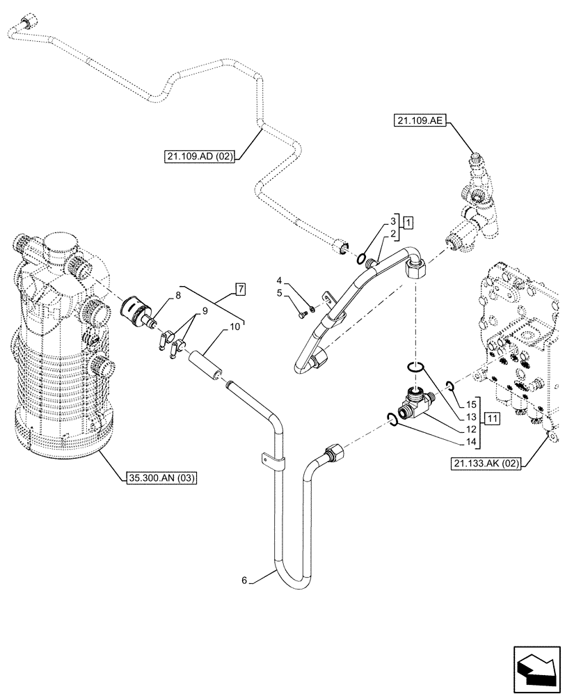 Схема запчастей Case IH MAXXUM 115 - (21.109.AD[07]) - VAR - 394835, 758441 - OIL COOLER LINE (21) - TRANSMISSION