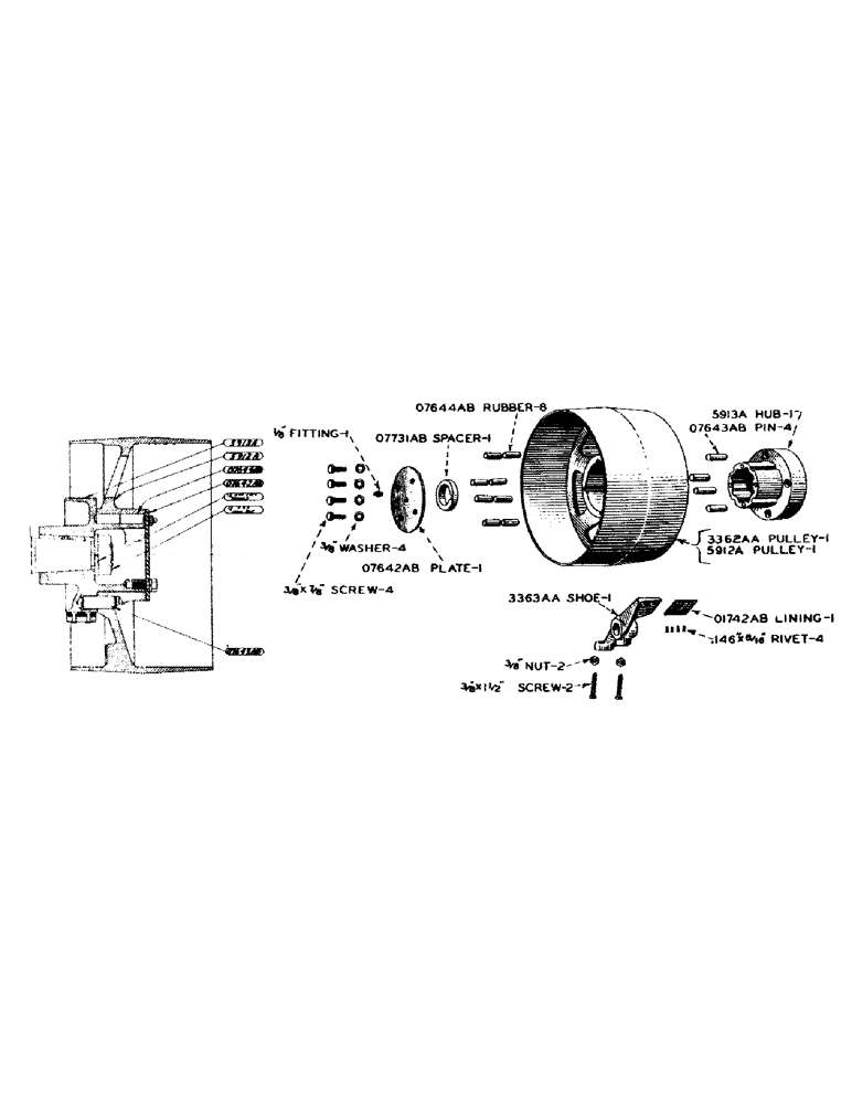 Схема запчастей Case IH D-SERIES - (058[A]) - PARTS TO INSTALL A 5912A RESILIENT BELT PULLEY ON MODEL "D" TRACTOR EQUIPPED WITH OVERSIZE RUBBER TIRES (06) - POWER TRAIN