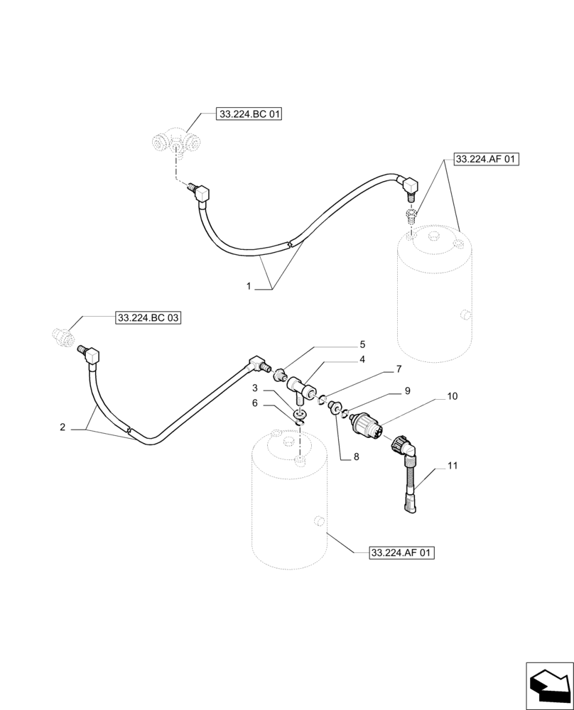 Схема запчастей Case IH PUMA 215 - (33.224.AQ[03]) - PNEUMATIC TRAILER BRAKE - AIR TANK AND PIPES (33) - BRAKES & CONTROLS