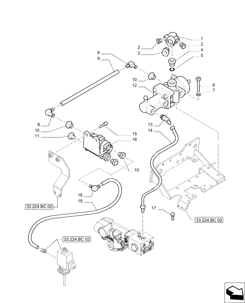 Схема запчастей Case IH PUMA 215 - (33.224.BC[01]) - PNEUMATIC TRAILER BRAKE - CONTROL VALVE AND RELEVANT PARTS (33) - BRAKES & CONTROLS