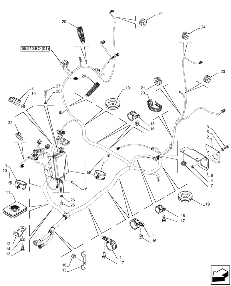 Схема запчастей Case IH FARMALL 120C - (55.510.BO[02]) - MAIN HARNESS, W/O CAB, CLIP (55) - ELECTRICAL SYSTEMS