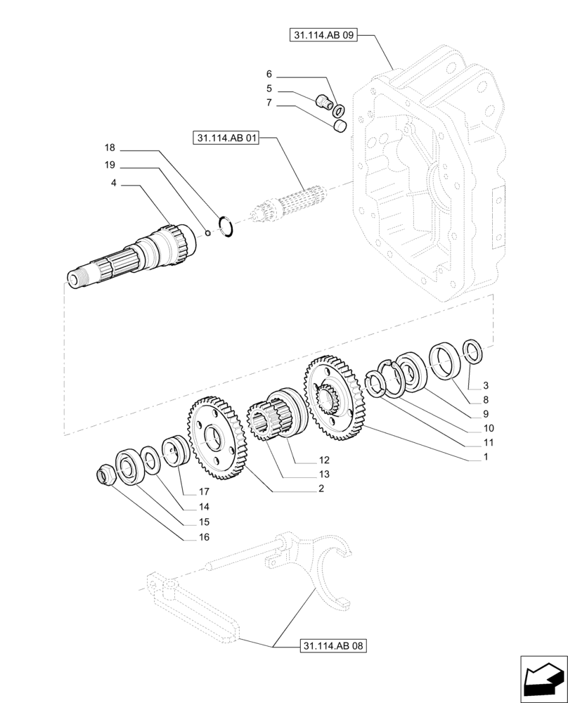 Схема запчастей Case IH PUMA 200 - (31.114.AB[07]) - PTO 540/1000 RPM WITH INTERCHANGABLE SHAFTS - SHAFT AND GEARS (31) - IMPLEMENT POWER TAKE OFF