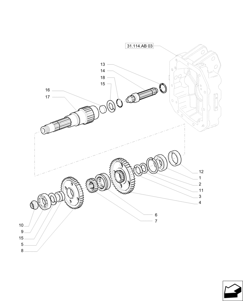 Схема запчастей Case IH PUMA 200 - (31.114.AB[01]) - POWER TAKE-OFF 540E/1000 RPM - SHAFT AND GEARS (31) - IMPLEMENT POWER TAKE OFF