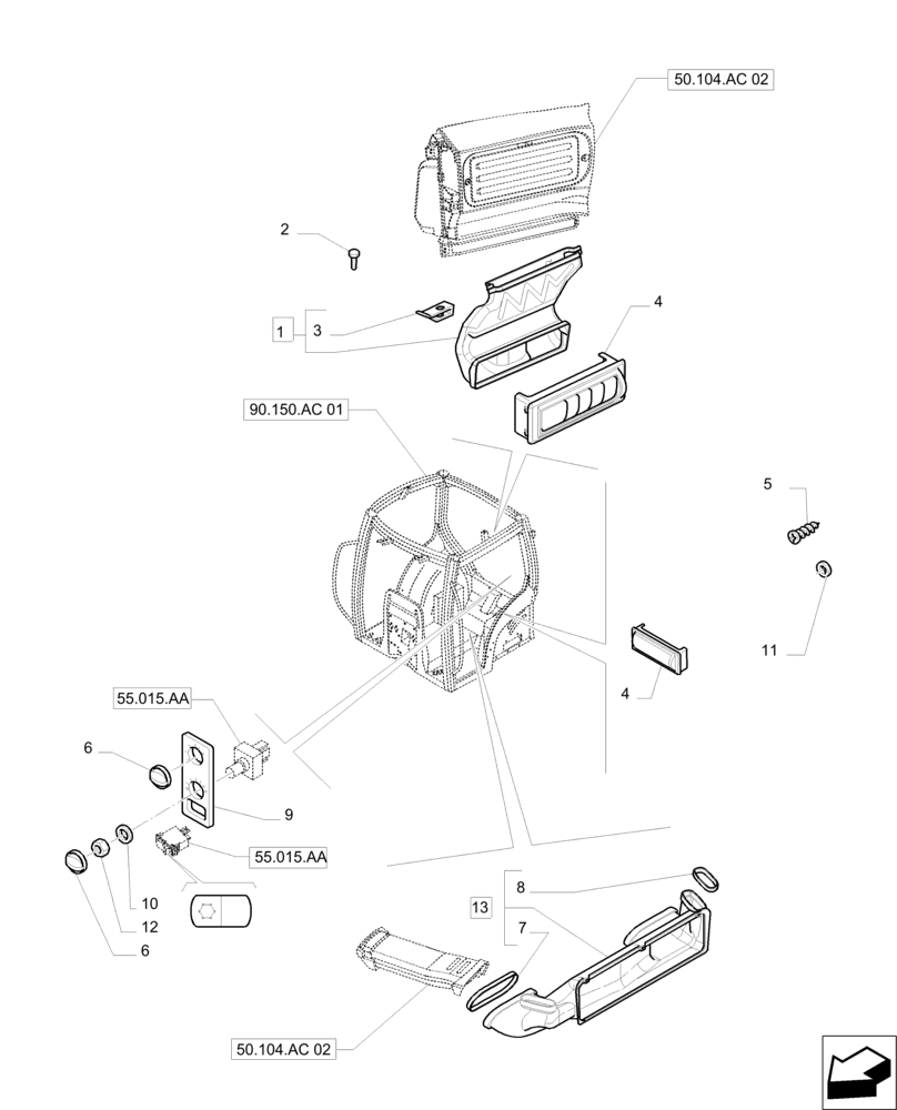 Схема запчастей Case IH PUMA 215 - (50.104.AC[01]) - HEATING/AIR CONDITIONING - VENTILATION DUCTS (50) - CAB CLIMATE CONTROL