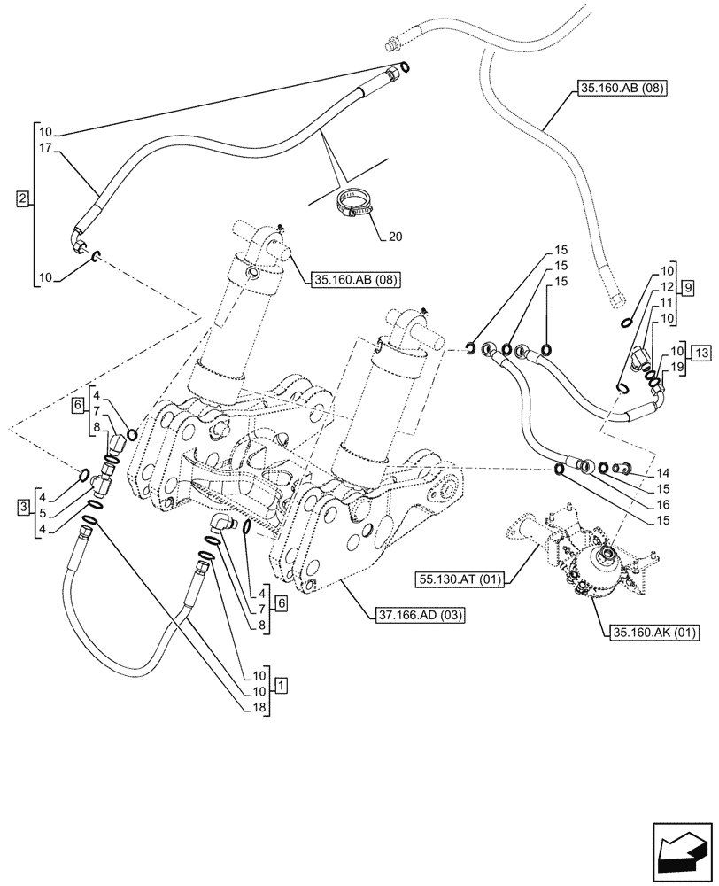 Схема запчастей Case IH MAXXUM 135 - (35.162.AG) - VAR - 743699, 743700 - HITCH, FRONT, INTEGRATED HYDRAULIC LIFT, CYLINDER, LINE (35) - HYDRAULIC SYSTEMS