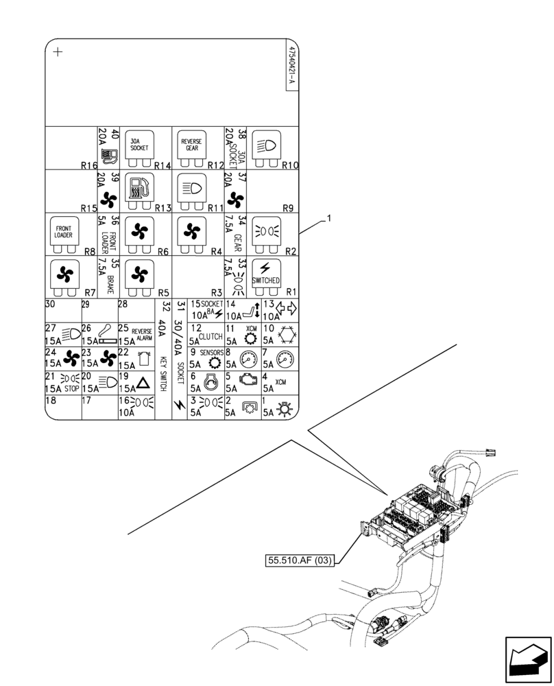 Схема запчастей Case IH FARMALL 120C - (90.108.AA[18]) - DECAL, WIRE HARNESS, FUSE BOX, CAB, HI-LO (90) - PLATFORM, CAB, BODYWORK AND DECALS