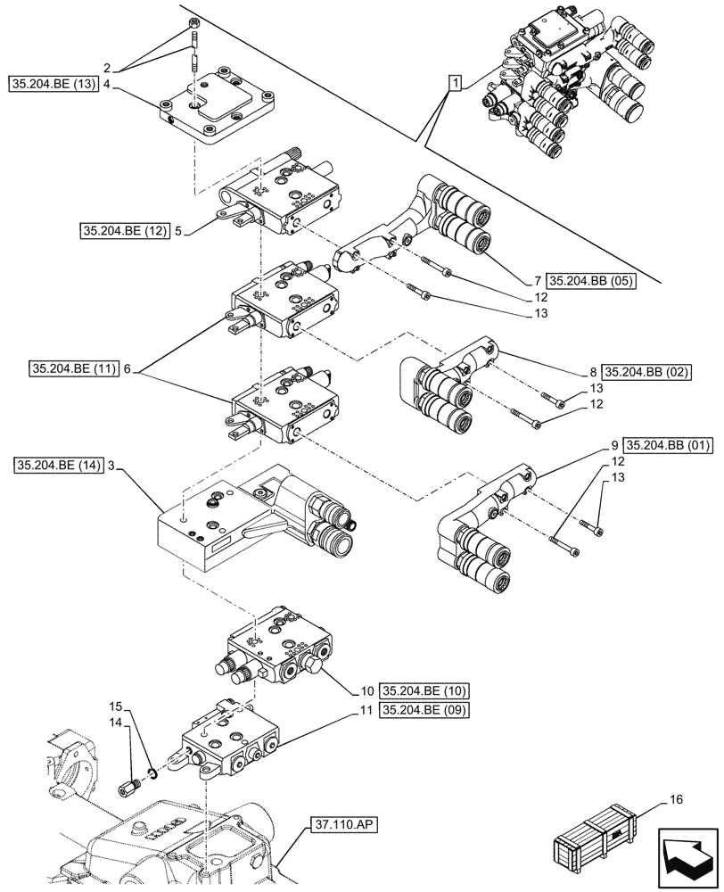 Схема запчастей Case IH MAXXUM 115 - (35.204.BE[04]) - VAR - 396844 - 3 REMOTE CONTROL VALVES, W/ MECHANICAL ENGAGEMENT,2, CONFIGURABLE,1, NOT CONFIGURABLE, COMPONENTS (35) - HYDRAULIC SYSTEMS