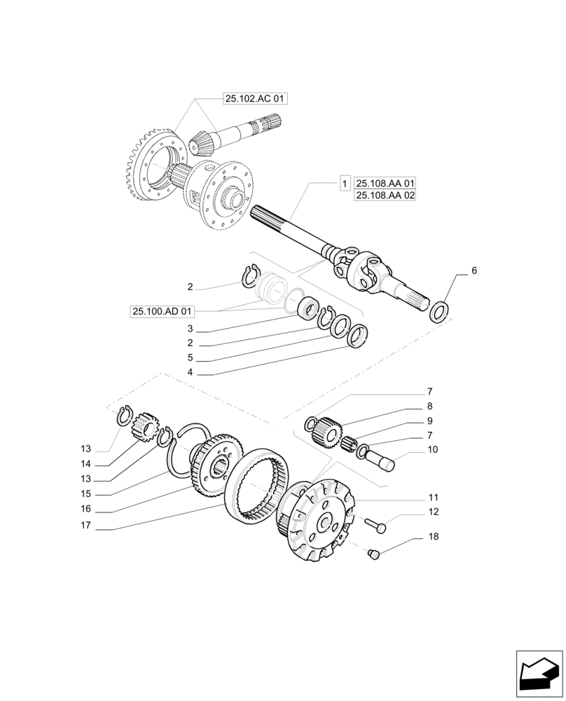 Схема запчастей Case IH PUMA 200 - (25.108.AB[02]) - FRONT AXLE - DIFFERENTIAL GEARS AND DIFFERENTIAL SHAFT (25) - FRONT AXLE SYSTEM