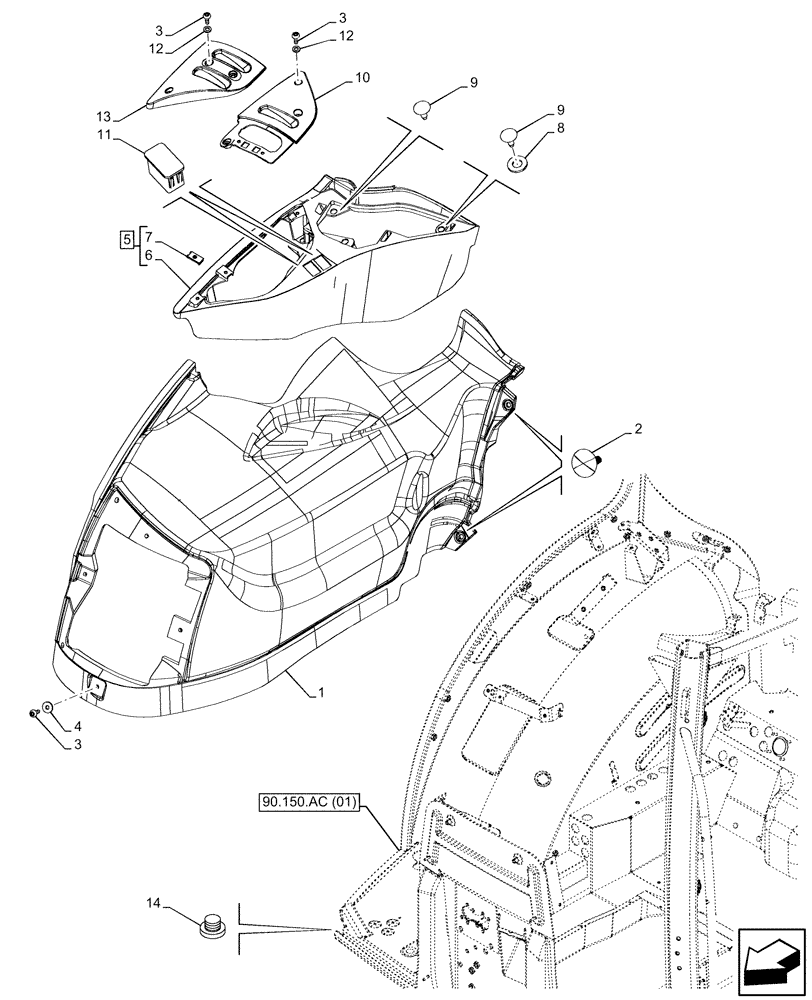 Схема запчастей Case IH MAXXUM 135 - (90.160.BL[01]) - VAR - 396844 - CAB INTERIOR TRIM, W/ MECHANICAL ENGAGEMENT, RH (90) - PLATFORM, CAB, BODYWORK AND DECALS