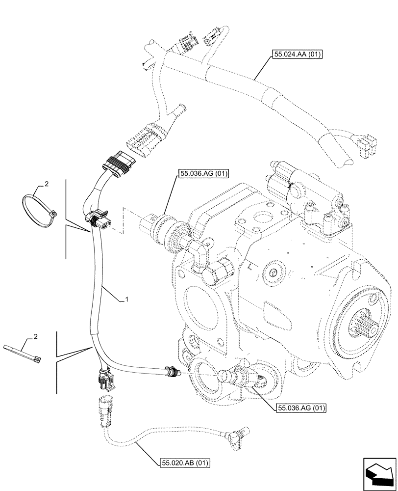 Схема запчастей Case IH MAXXUM 115 - (55.024.AA[03]) - VAR - 396247, 758442, 758549 - TRANSMISSION, HARNESS, EXTENSION (55) - ELECTRICAL SYSTEMS
