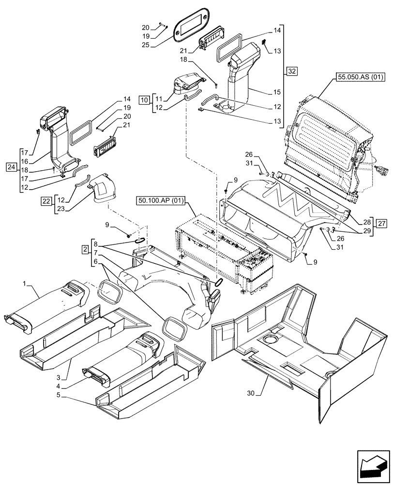 Схема запчастей Case IH MAXXUM 150 - (50.104.AO[01]) - VAR - 392195, 743764, 743766, 758413, 758414, 758415, 758416, 758581 - CAB, AIR DUCT (50) - CAB CLIMATE CONTROL