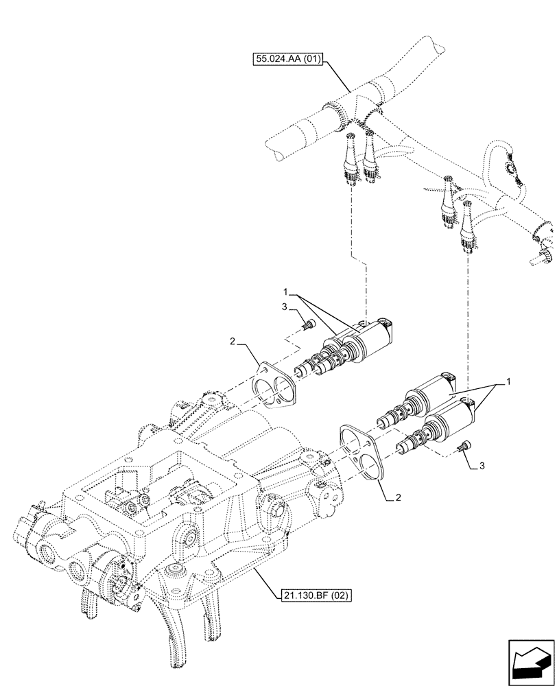 Схема запчастей Case IH MAXXUM 115 - (55.024.AH[02]) - VAR - 392195, 392204, 743764, 743766, 758413, 758414, 758415, 758416, 758581 - TRANSMISSION HOUSING, COVER, SOLENOID (55) - ELECTRICAL SYSTEMS