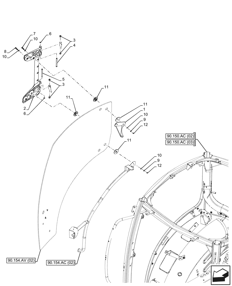 Схема запчастей Case IH MAXXUM 135 - (90.154.AE[02]) - VAR - 391610, 758479, 758481 - CAB DOOR, HINGE, RIGHT (90) - PLATFORM, CAB, BODYWORK AND DECALS