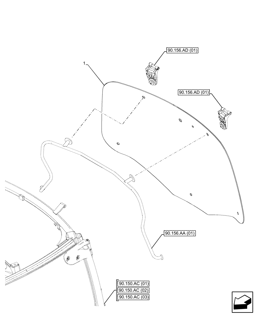 Схема запчастей Case IH MAXXUM 135 - (90.156.AB[01]) - VAR - 391610 - CAB, WINDOW, REAR, GLASS (90) - PLATFORM, CAB, BODYWORK AND DECALS