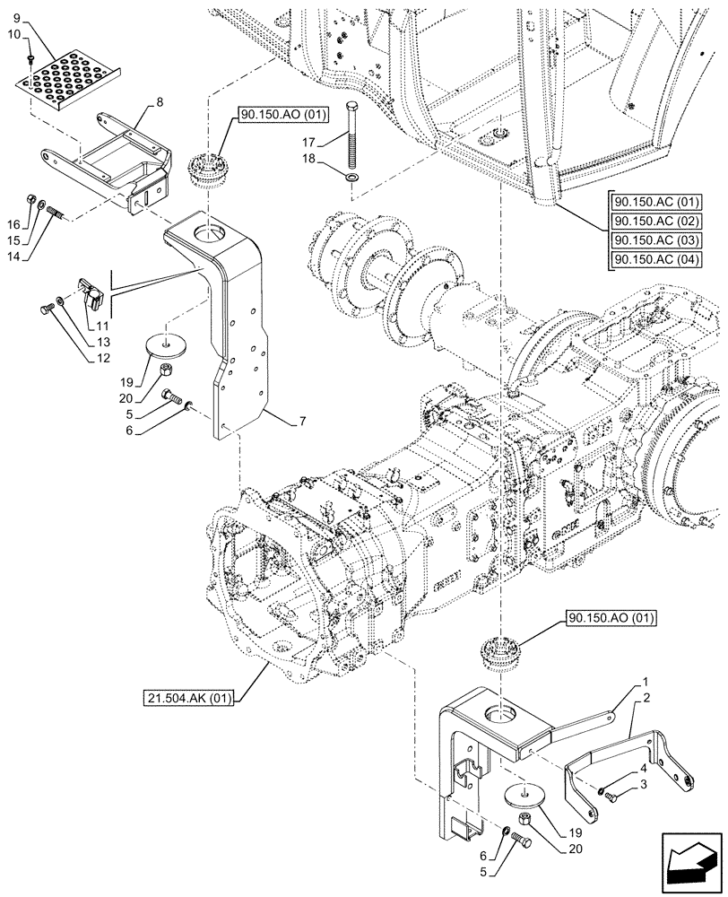 Схема запчастей Case IH MAXXUM 135 - (90.150.AE[01]) - VAR - 391610 - CAB, FRONT, MOUNT (90) - PLATFORM, CAB, BODYWORK AND DECALS