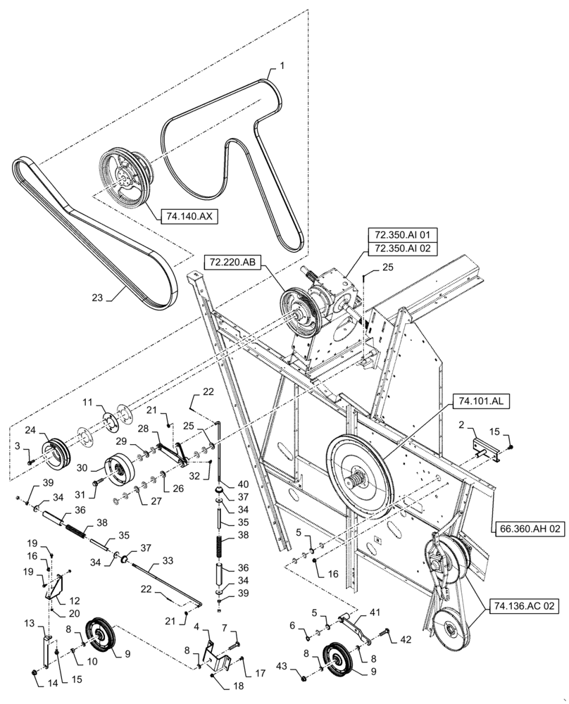 Схема запчастей Case IH 7140 - (74.136.AC[01]) - CLEANING SYSTEM BELT DRIVE (74) - CLEANING