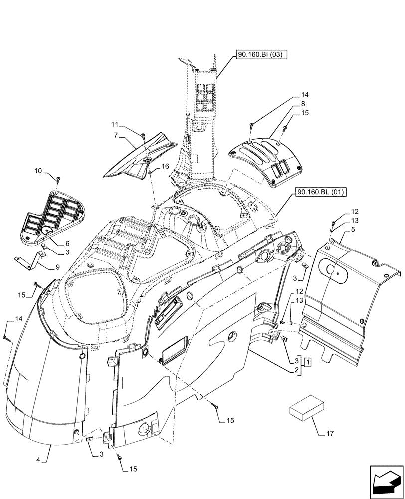 Схема запчастей Case IH MAXXUM 145 - (90.160.BL[08]) - VAR - 392195, 392204, 392440, 743764, 743766, 758413, 758414, 758415, 758416, 758497, 758581 - CAB INTERIOR TRIM, ELECTRONIC CONTROLS, RH (90) - PLATFORM, CAB, BODYWORK AND DECALS