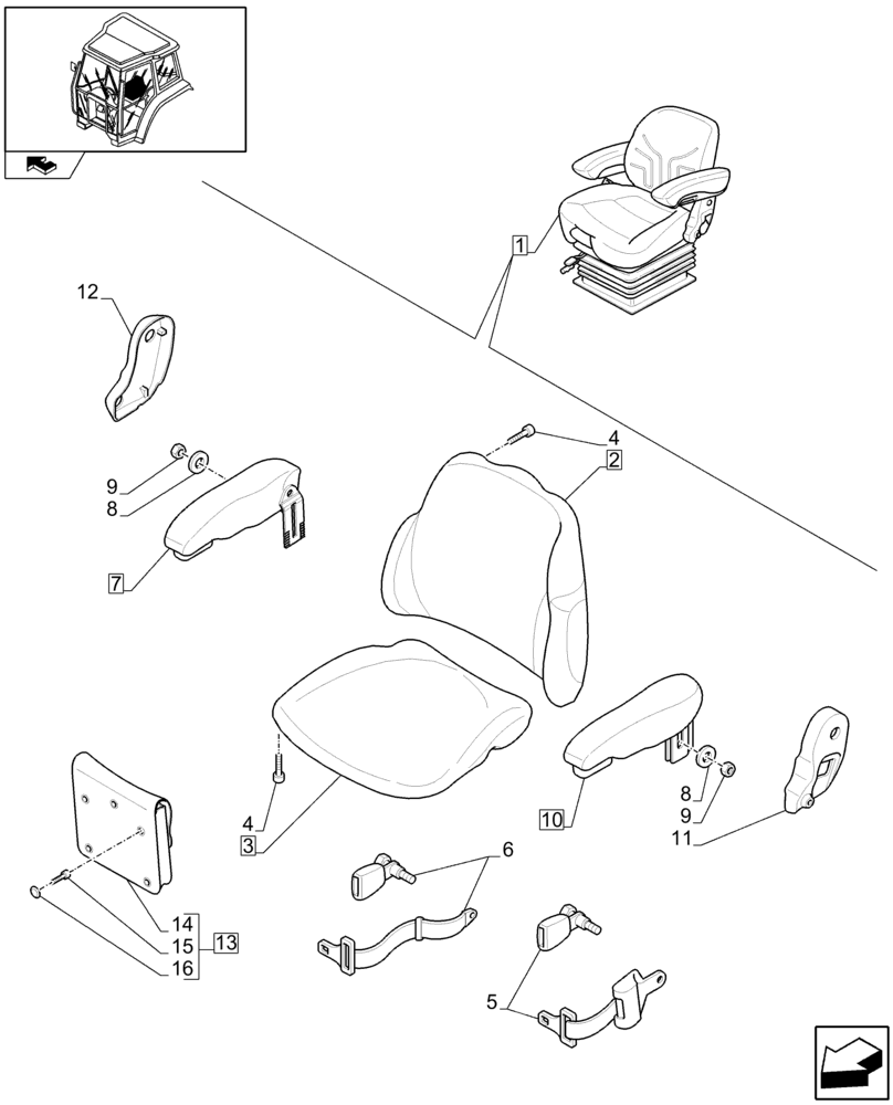 Схема запчастей Case IH FARMALL 85U - (1.93.3/01C[01]) - DELUXE SEAT WITH MECHANICAL SUSPENSION, SWITCH AND ARMREST - BREAKDOWN - W/ CAB - C7342 (10) - OPERATORS PLATFORM/CAB