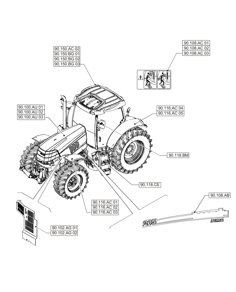 Схема запчастей Case IH PUMA 215 - (00.000.90[03]) - PICTORIAL INDEX - PLATFORM, CAB, BODYWORK AND DECALS (00) - GENERAL & PICTORIAL INDEX