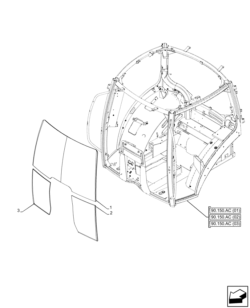 Схема запчастей Case IH MAXXUM 135 - (90.156.AL[02]) - VAR - 758480, 758481 - CAB GLASS, FRONT (90) - PLATFORM, CAB, BODYWORK AND DECALS