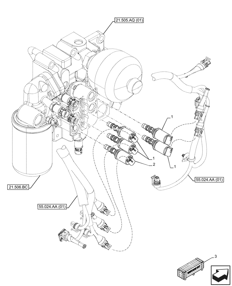 Схема запчастей Case IH MAXXUM 135 - (55.024.AH[01]) - VAR - 396247, 758442, 758549 - TRANSMISSION CONTROL VALVE, SOLENOID (55) - ELECTRICAL SYSTEMS