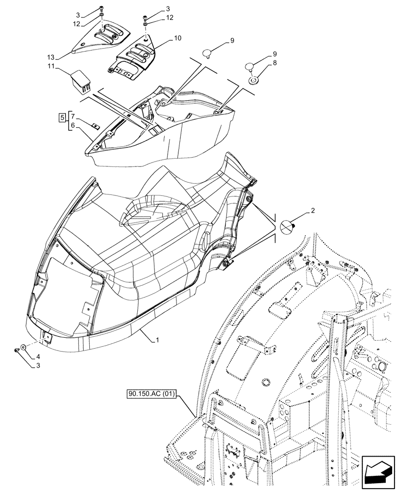 Схема запчастей Case IH MAXXUM 135 - (90.160.BL[02]) - VAR - 743685, 758358 - CAB INTERIOR TRIM, W/ MECHANICAL ENGAGEMENT, RH (90) - PLATFORM, CAB, BODYWORK AND DECALS