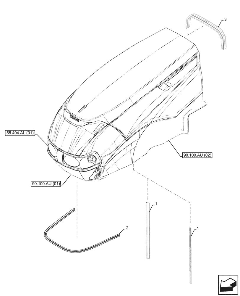Схема запчастей Case IH MAXXUM 135 - (90.102.AU[05]) - VAR - 392209, 743729, 744985 - HOOD, RUBBER SEAL (90) - PLATFORM, CAB, BODYWORK AND DECALS