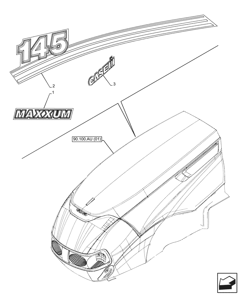 Схема запчастей Case IH MAXXUM 145 - (90.108.AB[05]) - MODEL IDENTIFICATION DECAL (90) - PLATFORM, CAB, BODYWORK AND DECALS
