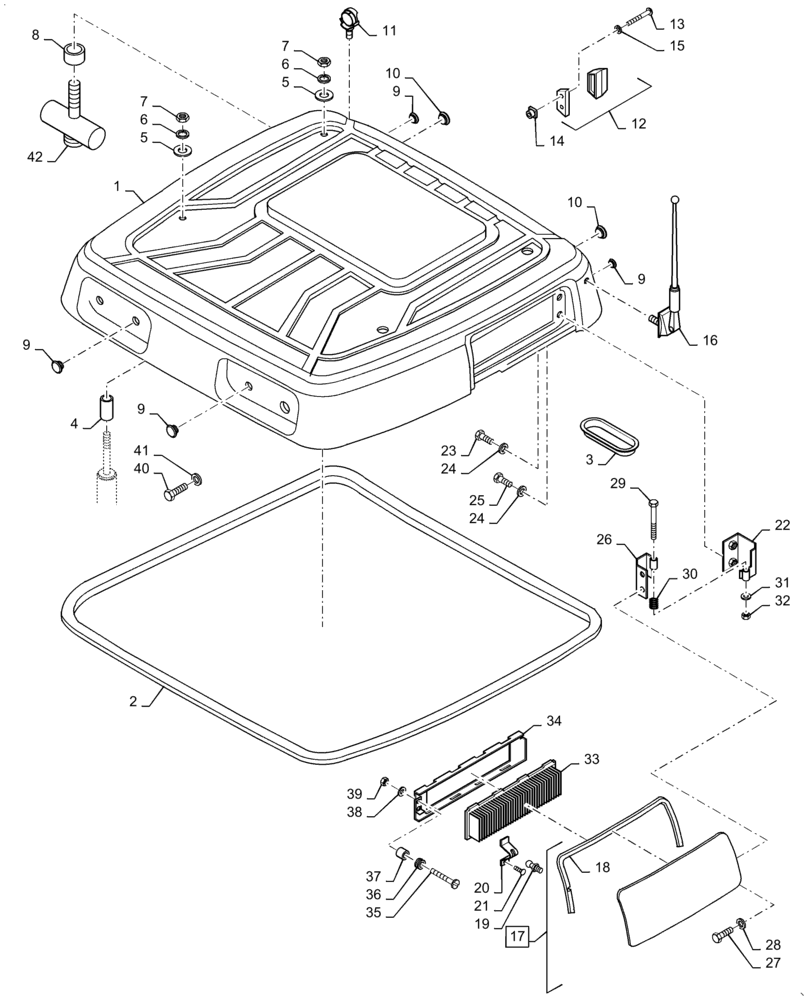 Схема запчастей Case IH MX120 - (09-30) - ROOF WITHOUT HATCH (09) - CHASSIS/ATTACHMENTS