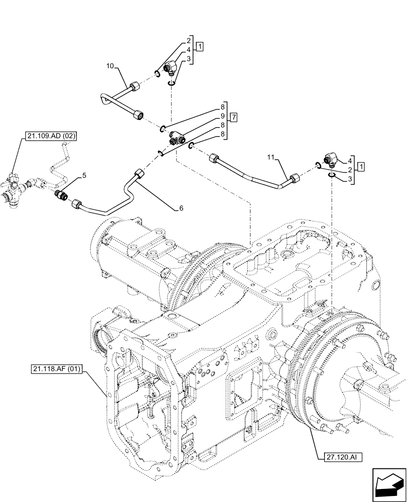 Схема запчастей Case IH MAXXUM 135 - (21.109.AD[01]) - VAR - 396247, 758442, 758549 - TRANSMISSION, COOLING SYSTEM LINE (21) - TRANSMISSION