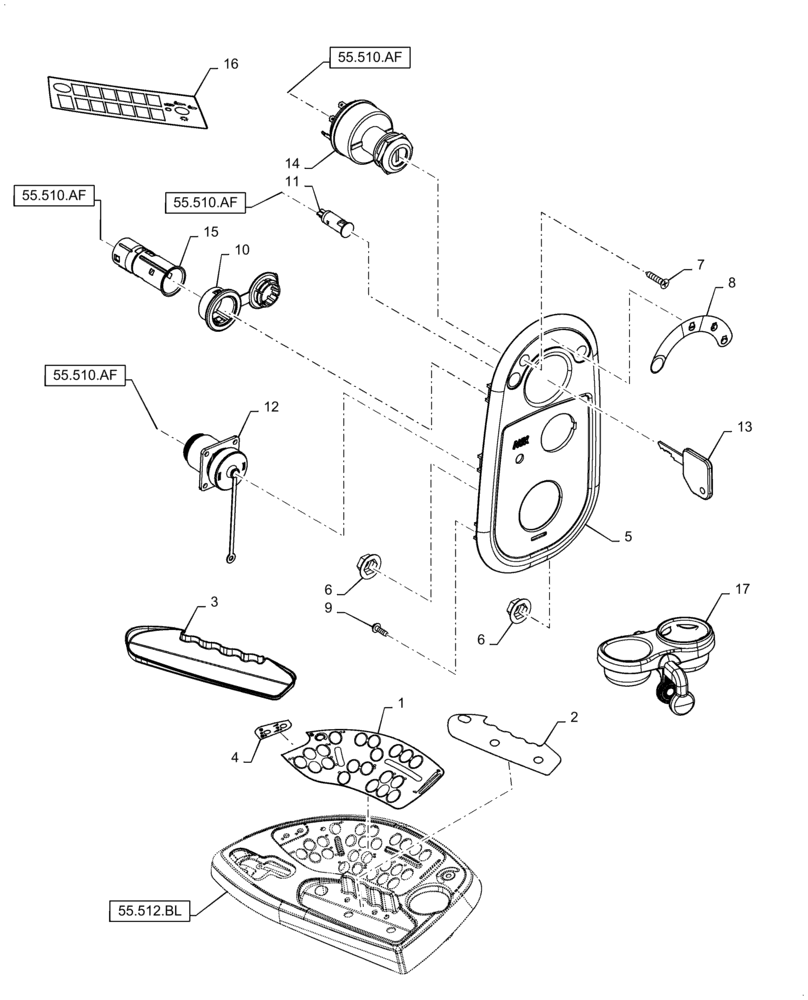 Схема запчастей Case IH 6130 - (90.160.BL) - IGNITION SWITCH, DECALS, CONSOLE, VAR 425357, 425358 (90) - PLATFORM, CAB, BODYWORK AND DECALS