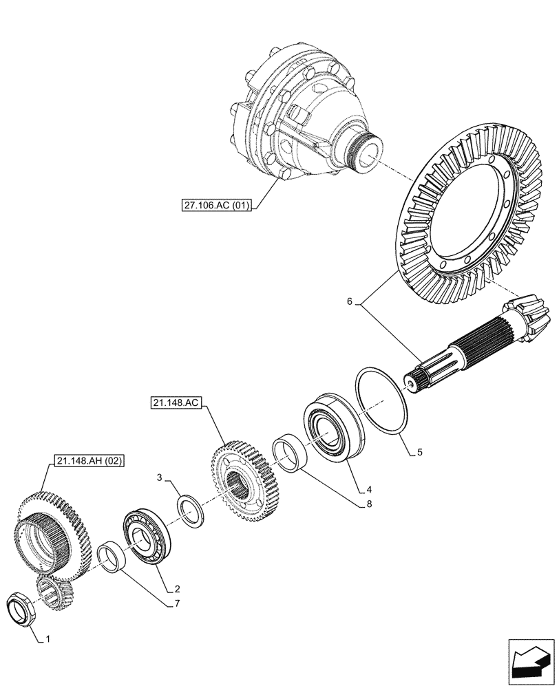 Схема запчастей Case IH MAXXUM 135 - (27.106.AB[02]) - VAR - 396247, 743764, 743766, 758442, 758549 - REAR AXLE, BEVEL PINION (27) - REAR AXLE SYSTEM