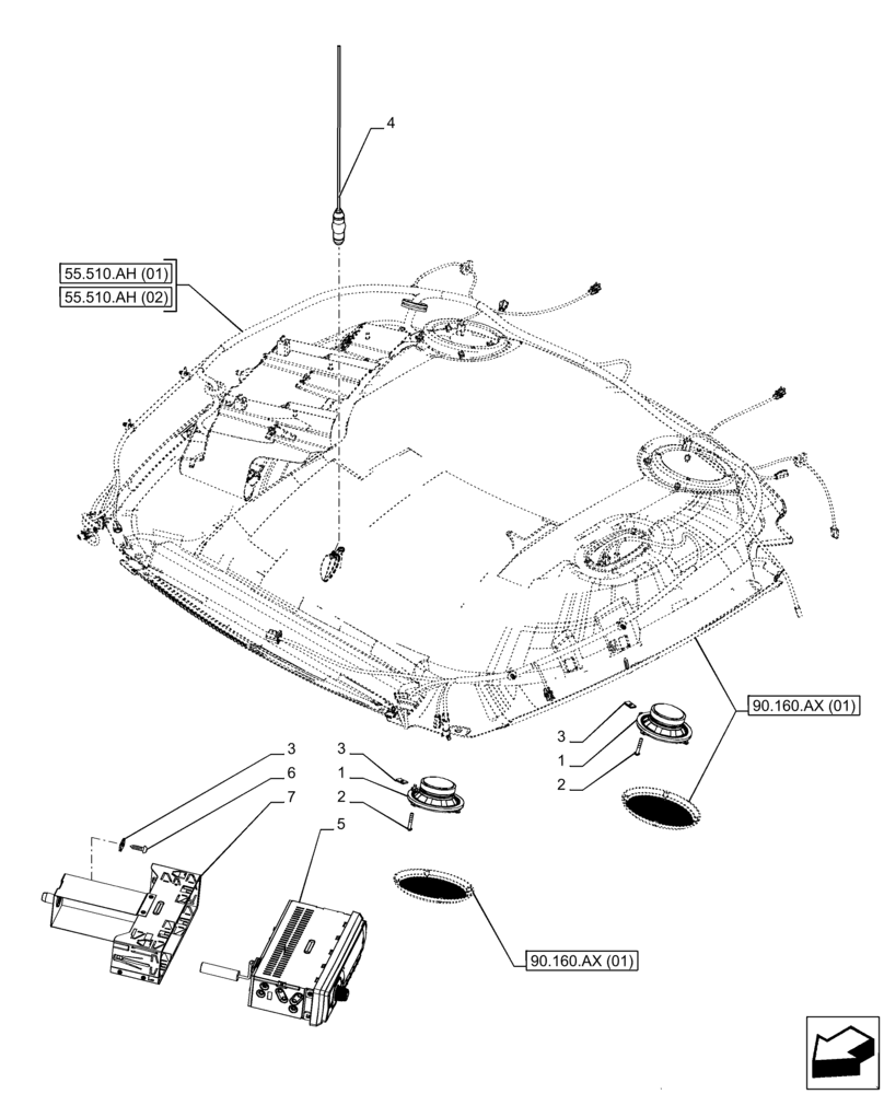 Схема запчастей Case IH PUMA 150 CVT - (55.512.AA[02]) - VAR - 758255, 758256, 758257 - CAB, RADIO (55) - ELECTRICAL SYSTEMS