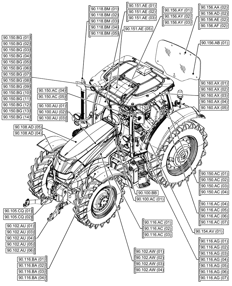 Схема запчастей Case IH MAXXUM 135 - (90.000.00[01]) - SECTION INDEX - PLATFORM, CAB, BODYWORK & DECALS (90) - PLATFORM, CAB, BODYWORK AND DECALS