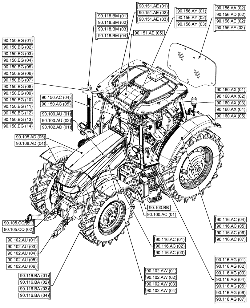 Схема запчастей Case IH MAXXUM 115 - (90.000.00[01]) - SECTION INDEX - PLATFORM, CAB, BODYWORK & DECALS (90) - PLATFORM, CAB, BODYWORK AND DECALS