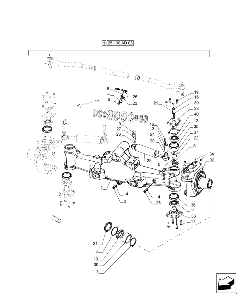 Схема запчастей Case IH MAGNUM 235 - (25.100.AD[04]) - FRONT AXLE ASSEMBLY, CLASS V, STANDARD AND SUSPENDED MFD - DANA (25) - FRONT AXLE SYSTEM