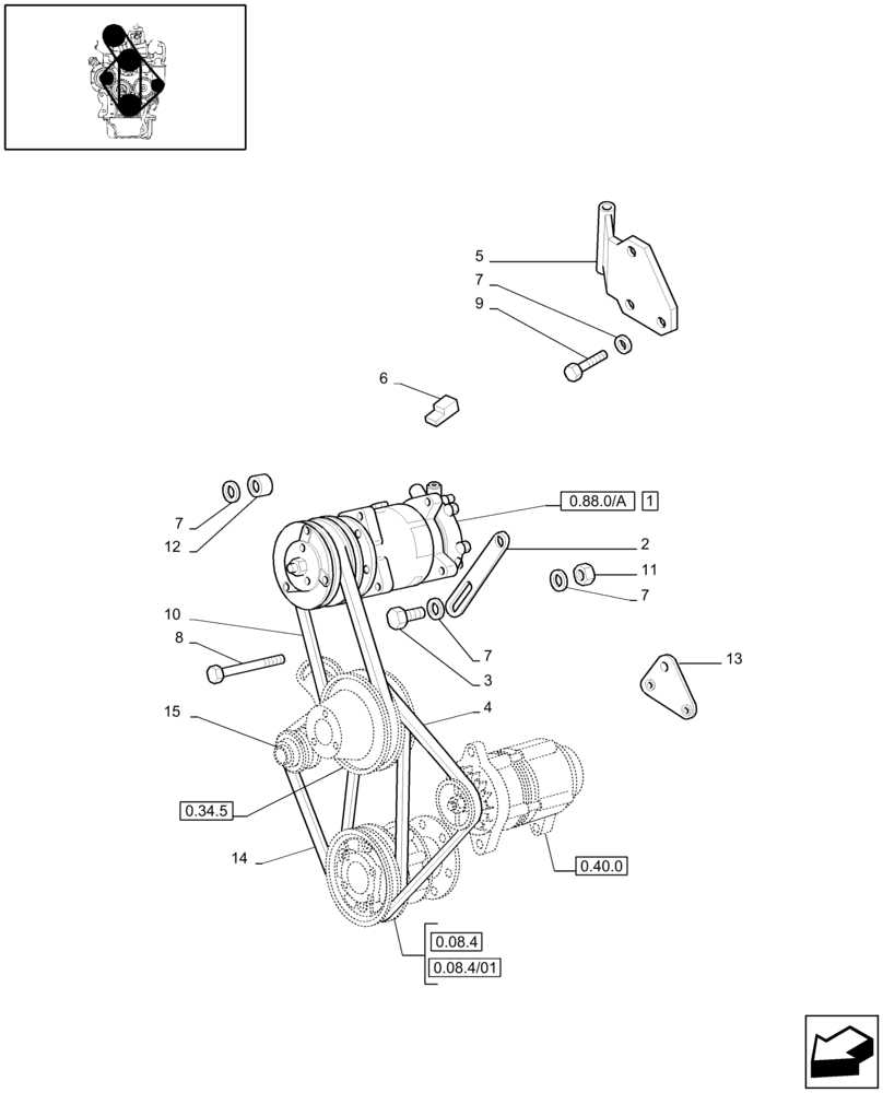 Схема запчастей Case IH JX95 - (0.88.0/03[02]) - (VAR.641-958) AIR CONDITIONING UNIT - BELTS & PULLEYS (01) - ENGINE