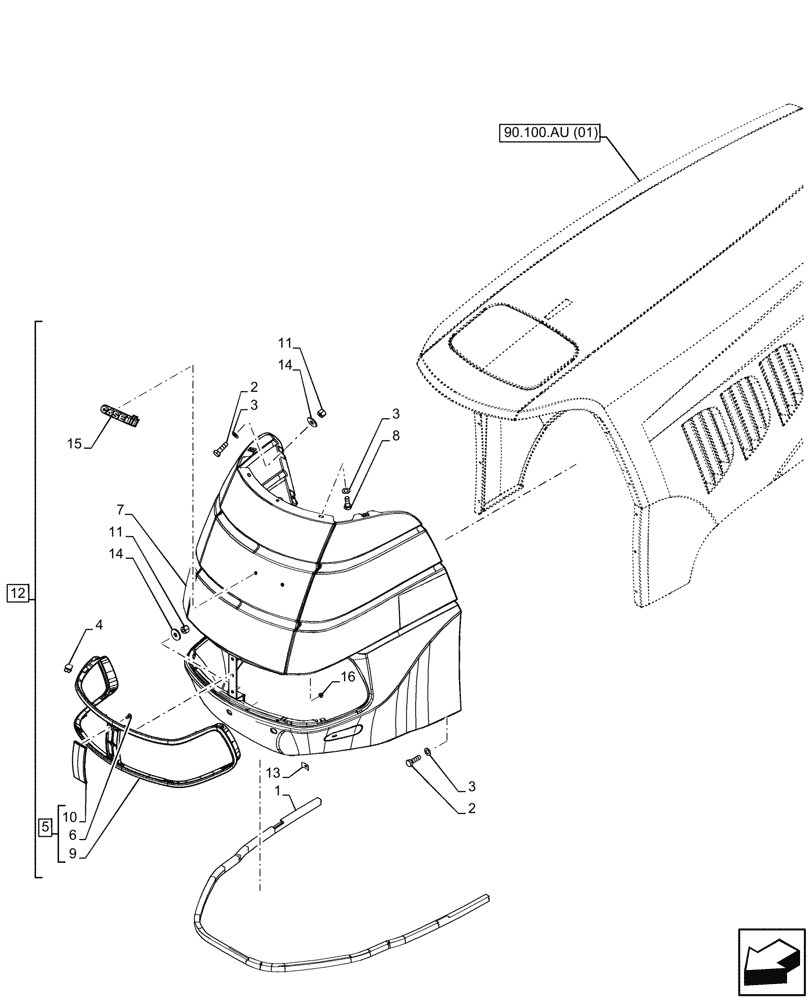 Схема запчастей Case IH PUMA 165 CVT - (90.100.AU[02]) - VAR - 391216, 758207, 758208, 758210, 758951 - HOOD, FRONT (90) - PLATFORM, CAB, BODYWORK AND DECALS