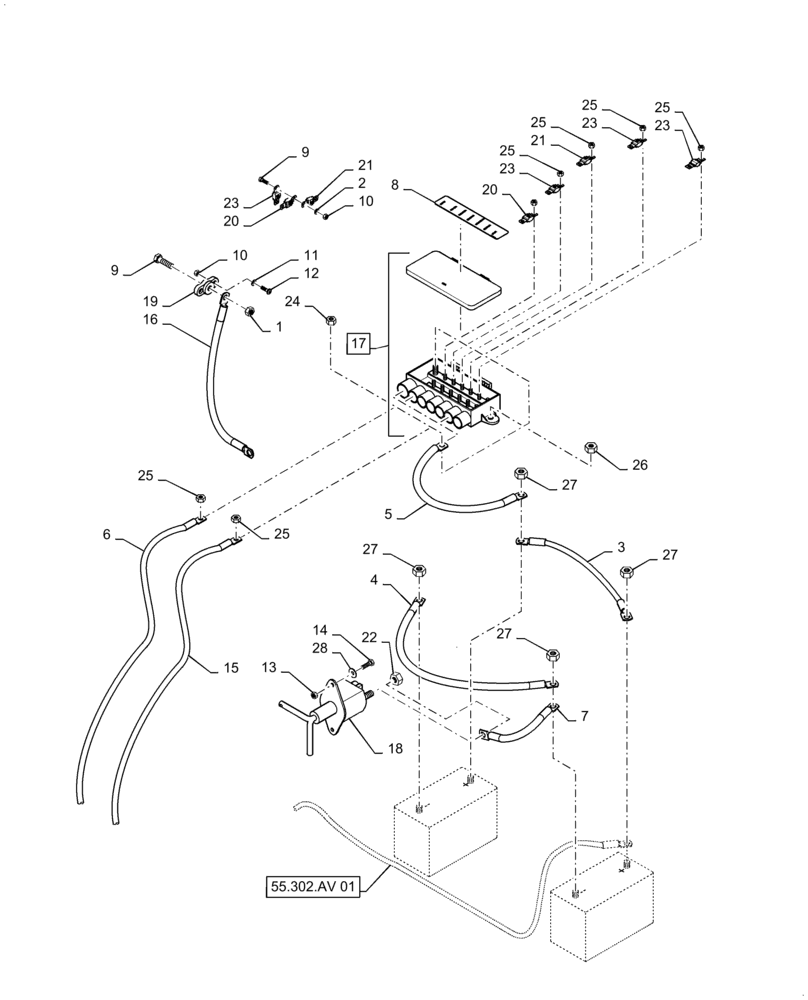 Схема запчастей Case IH TITAN 4040 - (55.302.AI[01]) - BATTERY CUT-OUT AND FUSE BOX (55) - ELECTRICAL SYSTEMS