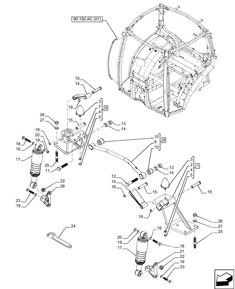 Схема запчастей Case IH PUMA 165 CVT - (90.150.AJ[02]) - VAR - 391155, 391184, 758037, 758038, 758039, 758040, 758041, 758042, 758043, 758044, 758159 - CAB, SUSPENSION (90) - PLATFORM, CAB, BODYWORK AND DECALS