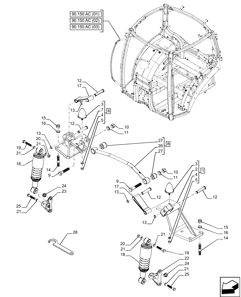 Схема запчастей Case IH PUMA 200 - (90.150.AJ[01]) - VAR - 391183, 391184, 758159 - CAB, SUSPENSION (90) - PLATFORM, CAB, BODYWORK AND DECALS