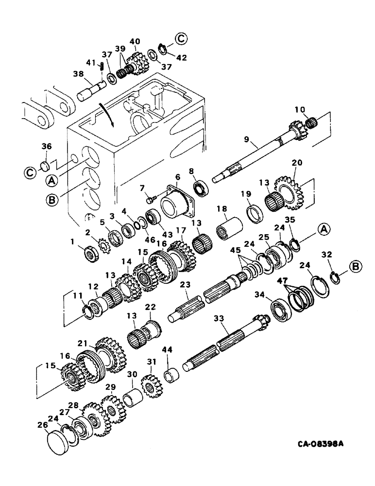 Схема запчастей Case IH 254 - (07-46) - DRIVE TRAIN, SELECTOR AND COUNTER GEAR, UPPER, CONSTANT MESH GEAR TRANSMISSIONS, 244 AND 254 (04) - Drive Train