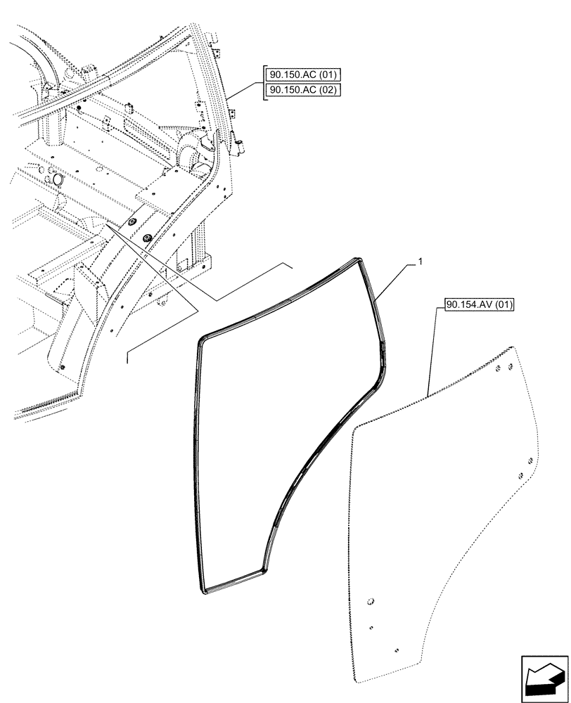 Схема запчастей Case IH PUMA 165 CVT - (90.154.AH[01]) - CAB DOOR, GLASS SEAL, 1 DOOR (90) - PLATFORM, CAB, BODYWORK AND DECALS