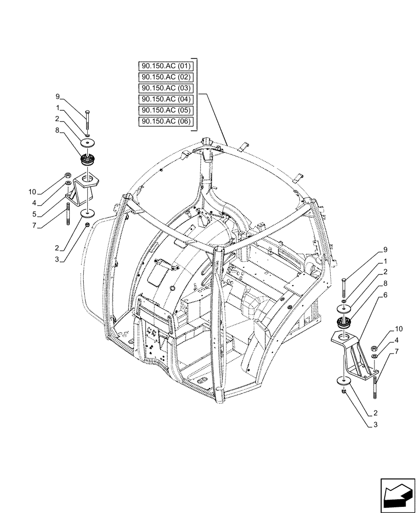 Схема запчастей Case IH PUMA 150 - (90.150.AG[02]) - VAR - 391155, 391183, 758037, 758038, 758039, 758040, 758041, 758042, 758043, 758044 - CAB, REAR, MOUNT (90) - PLATFORM, CAB, BODYWORK AND DECALS