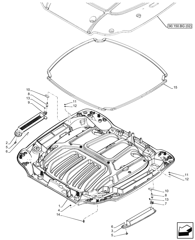 Схема запчастей Case IH PUMA 165 CVT - (90.150.BG[03]) - VAR - 338303, 338311, 391345, 758962 - ROOF LINING (90) - PLATFORM, CAB, BODYWORK AND DECALS